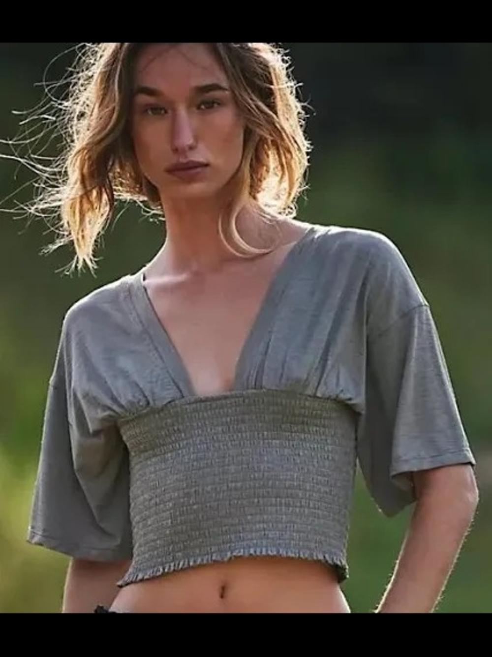 NWT FP Movement By Free People Smocked V-Neck Cropped Top in Dried Thyme- SMALL